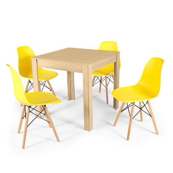 Imagem de Conjunto Mesa de Jantar Quadrada Sofia Natural 80x80cm com 4 Cadeiras Eames Eiffel - Amarelo