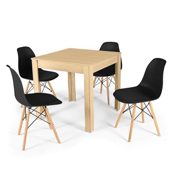 Imagem de Conjunto Mesa de Jantar Quadrada Sofia Natural 80x80cm com 4 Cadeiras Eames Eiffel - Preto