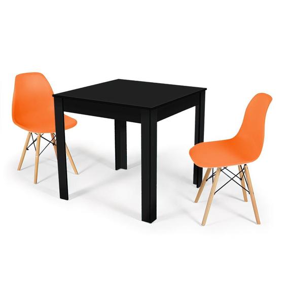 Imagem de Conjunto Mesa de Jantar Quadrada Sofia Preta 80x80cm com 2 Cadeiras Eames Eiffel - Laranja