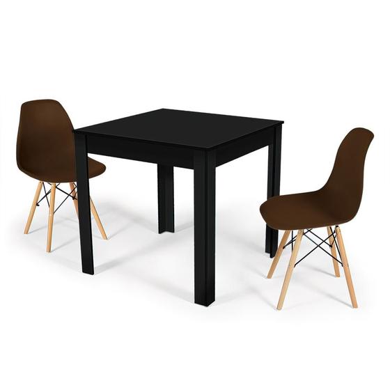 Imagem de Conjunto Mesa de Jantar Quadrada Sofia Preta 80x80cm com 2 Cadeiras Eames Eiffel - Marrom