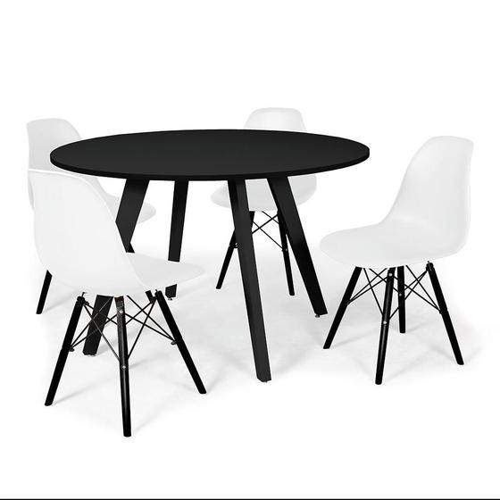 Imagem de Conjunto Mesa de Jantar Redonda Amanda 120cm Preta com 4 Cadeiras Eames Eiffel Base Preta - Branco