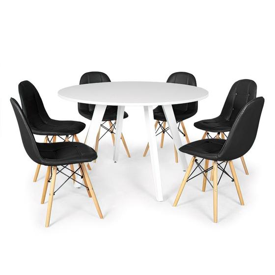 Imagem de Conjunto Mesa de Jantar Redonda Amanda Branca 120cm com 6 Cadeiras Eiffel Botonê - Preto