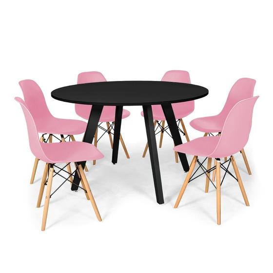 Imagem de Conjunto Mesa de Jantar Redonda Amanda Preta 120cm com 6 Cadeiras Eames Eiffel - Rosa