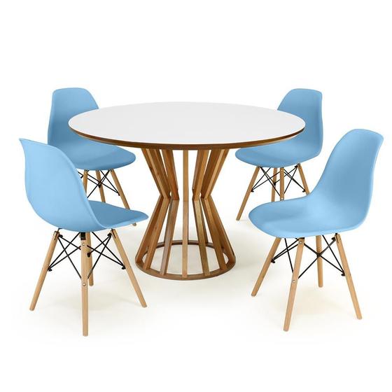 Imagem de Conjunto Mesa de Jantar Redonda Cecília Amadeirada Branca 120cm com 4 Cadeiras Eames Eiffel - Azul Claro