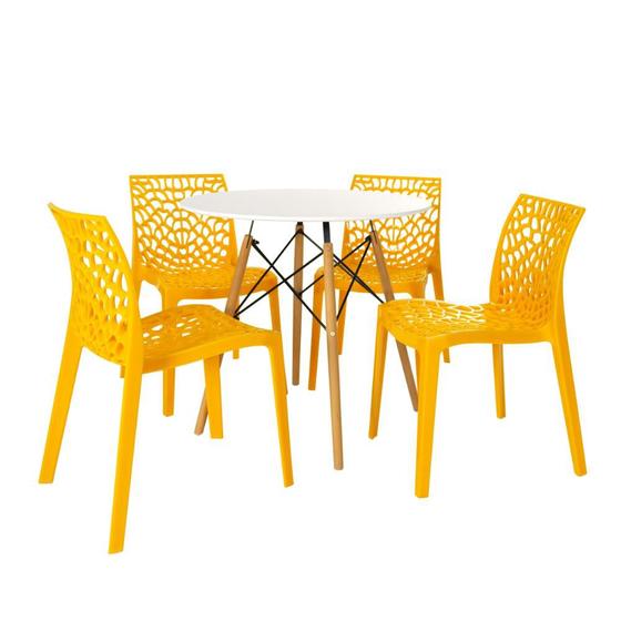 Imagem de Conjunto Mesa de Jantar Redonda Eiffel 80cm Branca com 4 Cadeiras Gruvyer - Amarelo