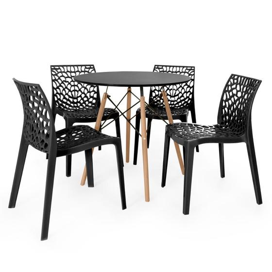 Imagem de Conjunto Mesa de Jantar Redonda Eiffel Preta 80cm com 4 Cadeiras Gruvyer - Preto