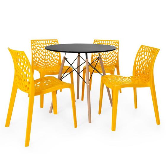 Imagem de Conjunto Mesa de Jantar Redonda Eiffel Preta 90cm com 4 Cadeiras Gruvyer - Amarelo