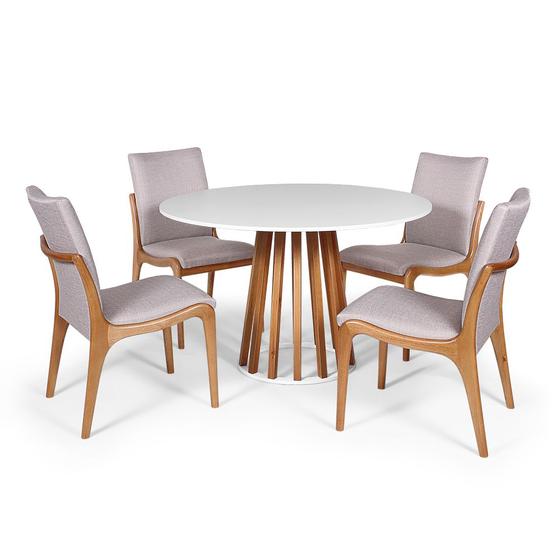 Imagem de Conjunto Mesa de Jantar Redonda Gabi 120cm Branca com 4 Cadeiras Estofada em Madeira Garbo Cinza Claro