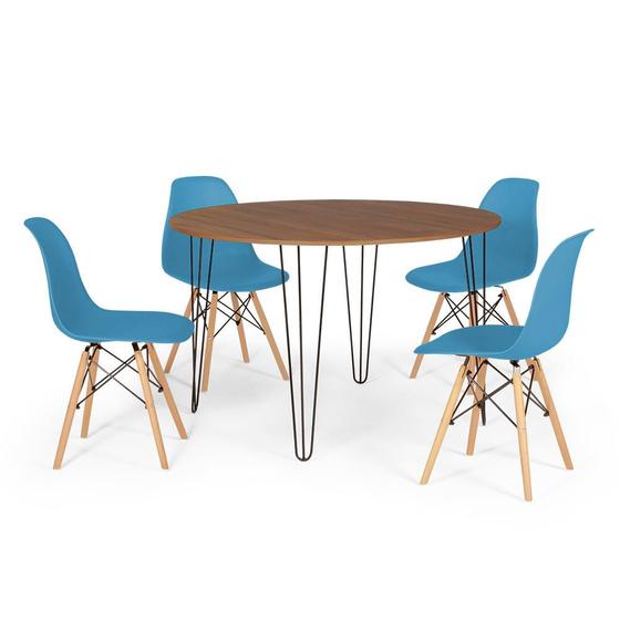 Imagem de Conjunto Mesa de Jantar Redonda Hairpin 120cm Natural com 4 Cadeiras Eames Eiffel - Turquesa