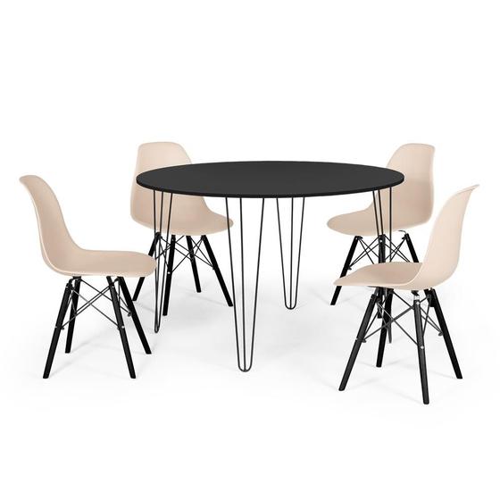 Imagem de Conjunto Mesa de Jantar Redonda Hairpin 120cm Preta com 4 Cadeiras Eames Eiffel Base Preta - Nude