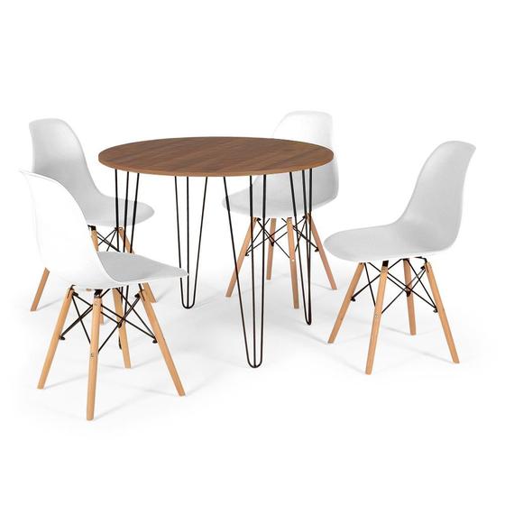 Imagem de Conjunto Mesa de Jantar Redonda Hairpin 90cm Natural com 4 Cadeiras Eames Eiffel - Branco