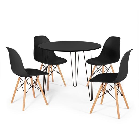 Imagem de Conjunto Mesa de Jantar Redonda Hairpin 90cm Preta com 3 Pés + 4 Cadeiras Eames Eiffel - Preto