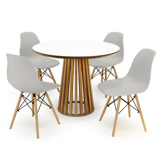 Imagem de Conjunto Mesa de Jantar Redonda Luana Amadeirada Branca 100cm com 4 Cadeiras Eames Eiffel - Cinza