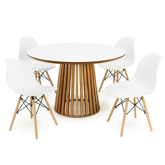 Imagem de Conjunto Mesa de Jantar Redonda Luana Amadeirada Branca 120cm com 4 Cadeiras Eames Eiffel - Branco