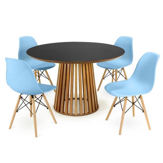 Imagem de Conjunto Mesa de Jantar Redonda Luana Amadeirada Preta 120cm com 4 Cadeiras Eames Eiffel - Azul Claro
