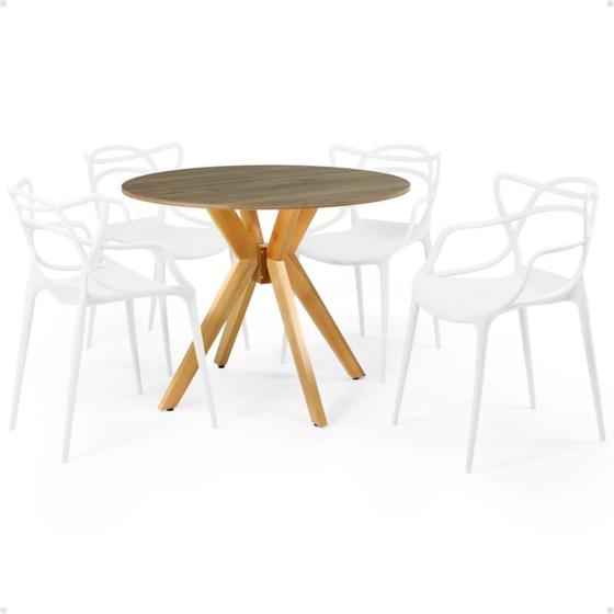 Imagem de Conjunto Mesa de Jantar Redonda Marci Natural 100cm com 4 Cadeiras Allegra - Branco
