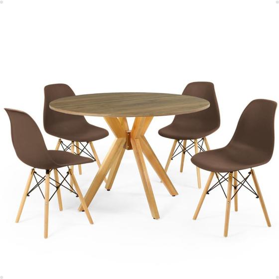 Imagem de Conjunto Mesa de Jantar Redonda Marci Natural 100cm com 4 Cadeiras Eames Eiffel - Marrom