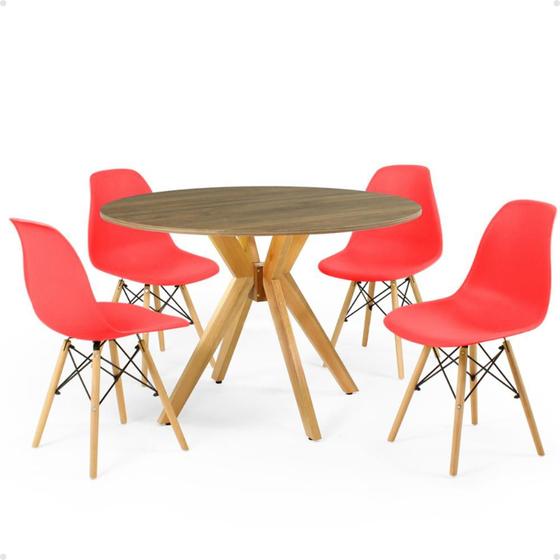 Imagem de Conjunto Mesa de Jantar Redonda Marci Natural 100cm com 4 Cadeiras Eames Eiffel - Vermelho