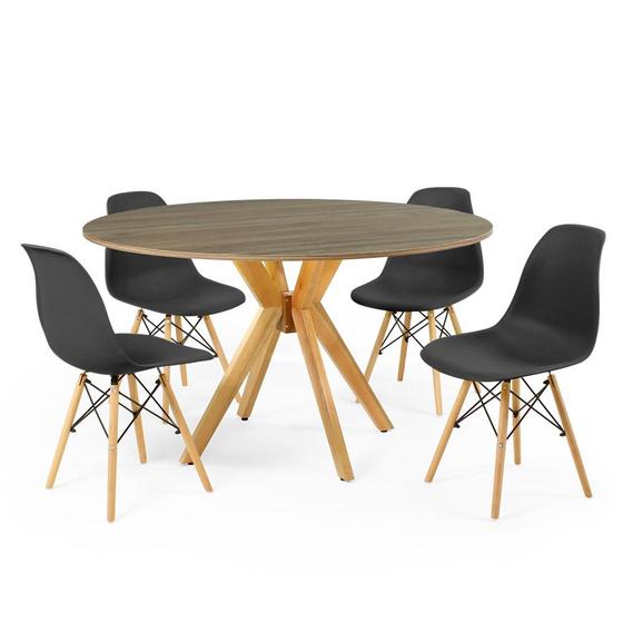 Imagem de Conjunto Mesa de Jantar Redonda Marci Natural 120cm com 4 Cadeiras Eames Eiffel - Preto