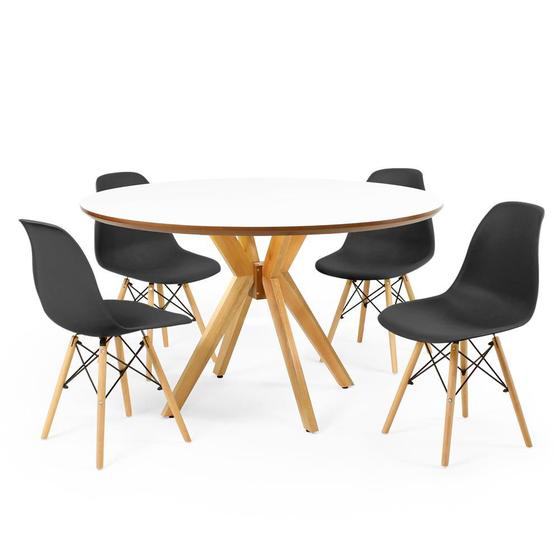 Imagem de Conjunto Mesa de Jantar Redonda Marci Premium Branca 120cm com 4 Cadeiras Eames Eiffel - Preto