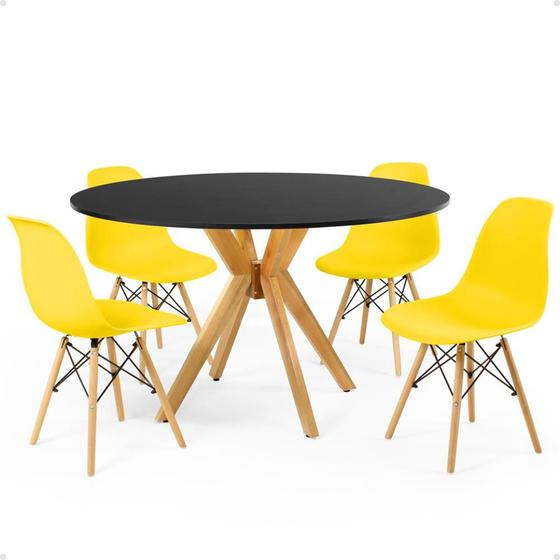 Imagem de Conjunto Mesa de Jantar Redonda Marci Preta 120cm com 4 Cadeiras Eames Eiffel - Amarelo