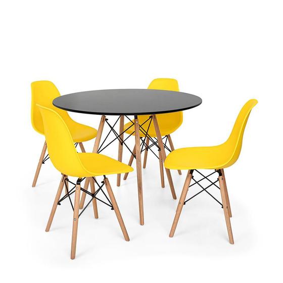 Imagem de Conjunto Mesa de Jantar Redonda Solo Preta 90cm com 4 Cadeiras Solo - Amarelo