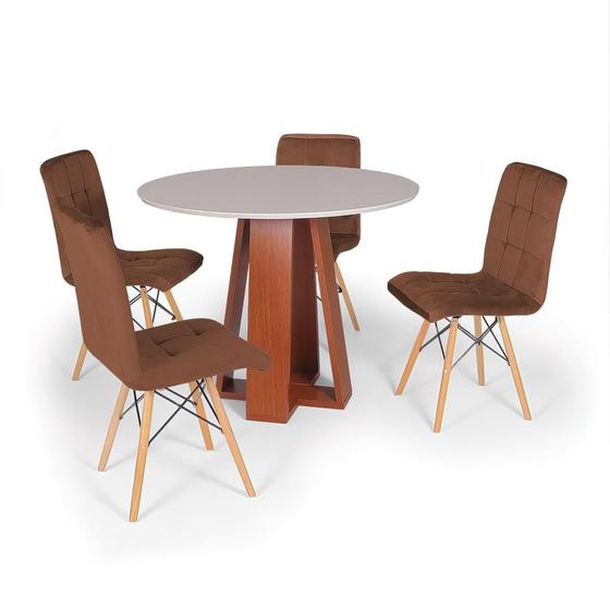 Imagem de Conjunto Mesa de Jantar Redonda Styllo Off White 100cm com 4 Cadeiras Gomos Veludo - Marrom