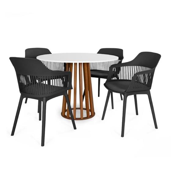 Imagem de Conjunto Mesa de Jantar Redonda Talia Amadeirada Branca 100cm com 4 Cadeiras Estofadas Marcela - Preto