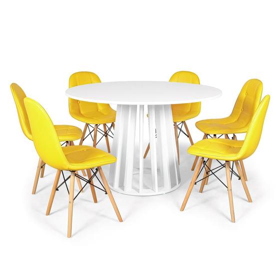 Imagem de Conjunto Mesa de Jantar Redonda Talia Branca 120cm com 6 Cadeiras Eiffel Botonê - Amarelo