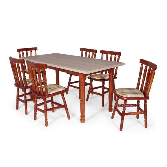 Imagem de Conjunto Mesa de Jantar Retangular 160x80cm Mel com 6 Cadeiras em Madeira Maciça Estofada Mônaco Mel - Straub Web