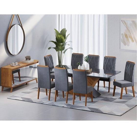Imagem de Conjunto Mesa de Jantar Retangular 200x90 Pipa com 8 Cadeiras Vegas e Buffet 4 Portas com Espelhos a