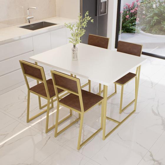 Imagem de Conjunto Mesa de Jantar Retangular Branca 4 Cadeiras Estofado Riviera Industrial Dourado