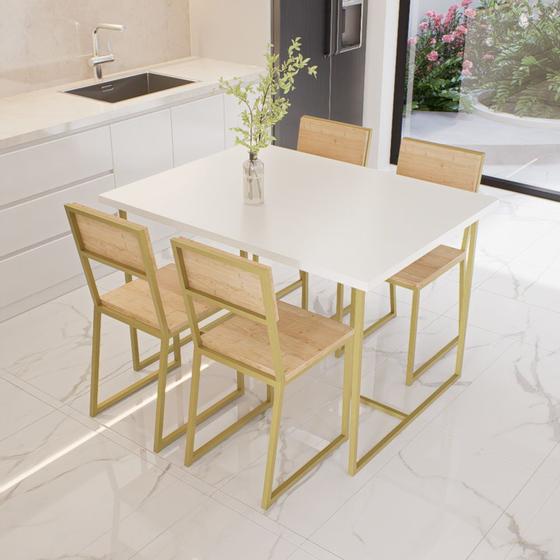 Imagem de Conjunto Mesa de Jantar Retangular Branca 4 Cadeiras Pinus Riviera Industrial Dourado