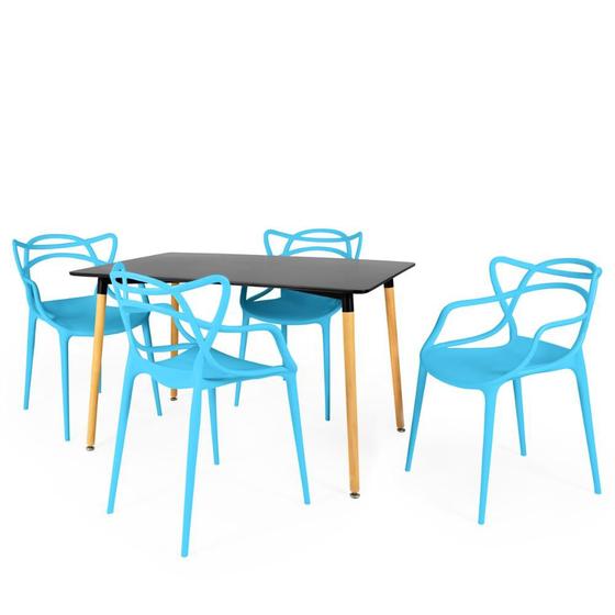 Imagem de Conjunto Mesa de Jantar Retangular Eiffel Preta 120x80cm com 4 Cadeiras Allegra - Azul