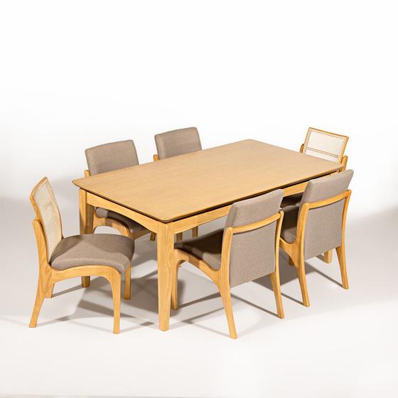 Imagem de Conjunto Mesa de Jantar Retangular Lisboa  6 Cadeiras Rattan Madeira Mel Linho Marrom L87