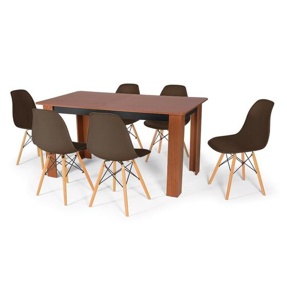Imagem de Conjunto Mesa de Jantar Retangular Pérola Cherry 150x80cm com 6 Cadeiras Eames Eiffel - Marrom