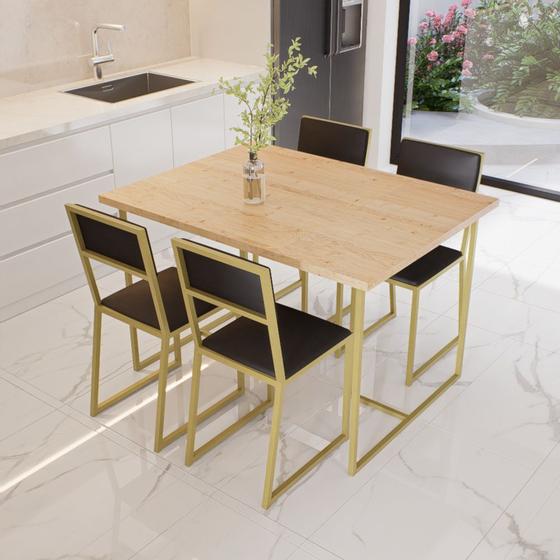 Imagem de Conjunto Mesa de Jantar Retangular Pinus 4 Cadeiras Estofado Riviera Industrial Dourado