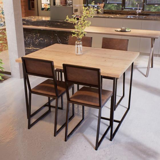 Imagem de Conjunto Mesa de Jantar Retangular Pinus 4 Cadeiras Estofado Riviera Industrial Preto