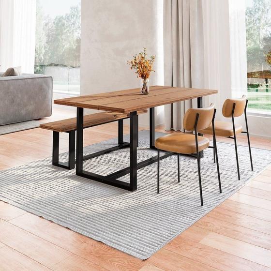 Imagem de Conjunto Mesa de Jantar Rústica e Banco de Madeira Maciça com Cadeiras Mona