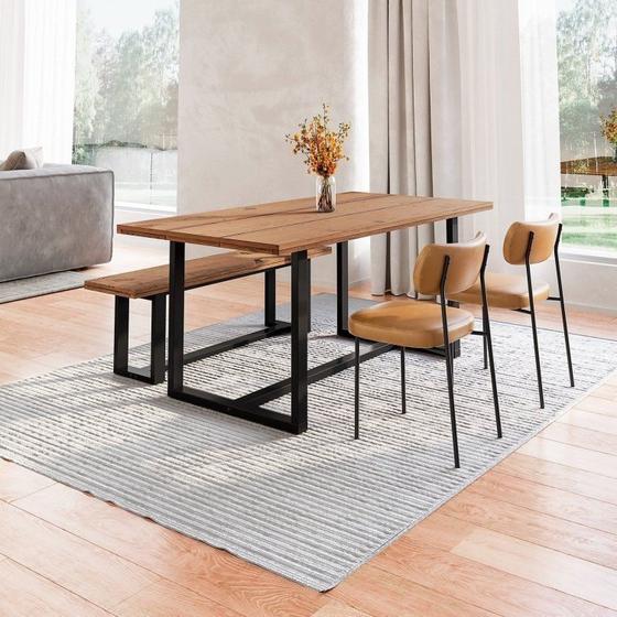 Imagem de Conjunto Mesa de Jantar Rústica e Banco de Madeira Maciça com Cadeiras Mona