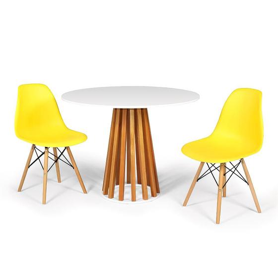 Imagem de Conjunto Mesa de Jantar Talia Amadeirada Branca 100cm com 2 Cadeiras Eames Eiffel - Amarela