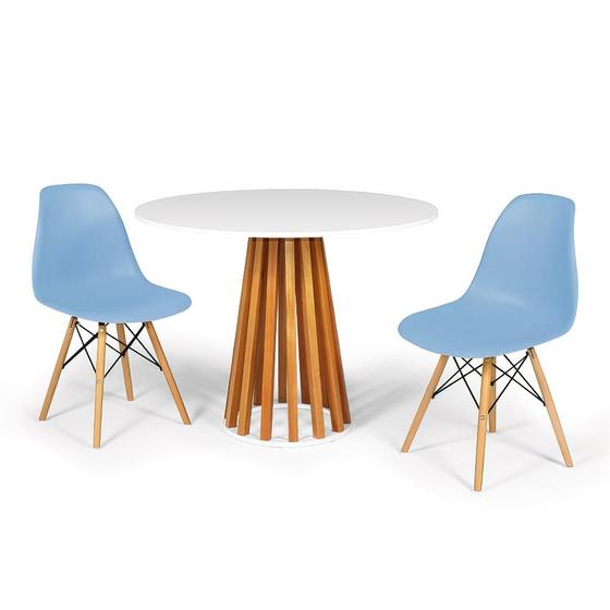 Imagem de Conjunto Mesa de Jantar Talia Amadeirada Branca 100cm com 2 Cadeiras Eames Eiffel - Azul Claro