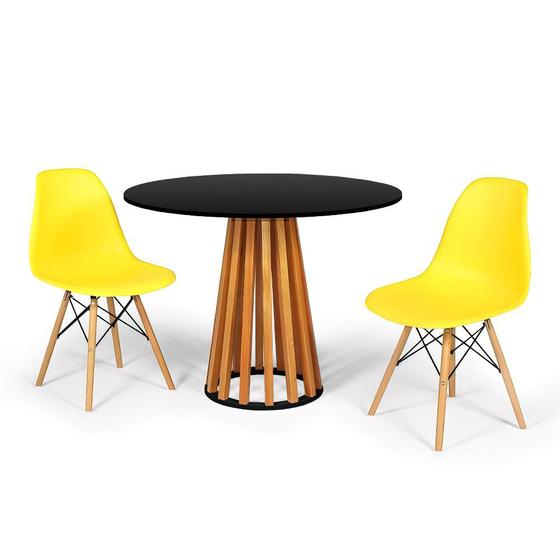 Imagem de Conjunto Mesa de Jantar Talia Amadeirada Preta 100cm com 2 Cadeiras Eames Eiffel - Amarela