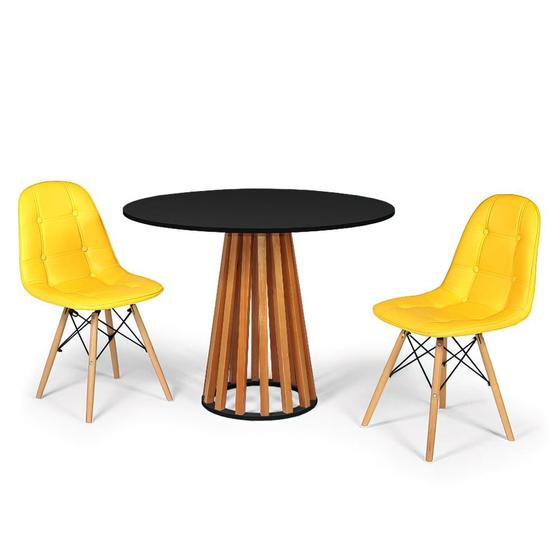 Imagem de Conjunto Mesa de Jantar Talia Amadeirada Preta 100cm com 2 Cadeiras Eiffel Botonê - Amarelo