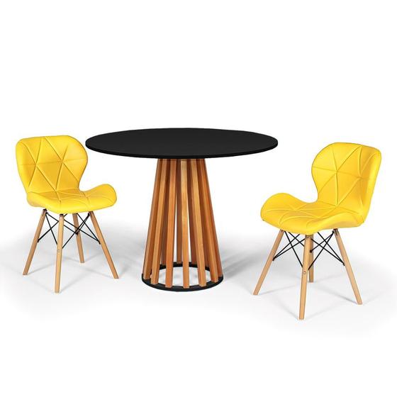 Imagem de Conjunto Mesa de Jantar Talia Amadeirada Preta 100cm com 2 Cadeiras Eiffel Slim - Amarelo