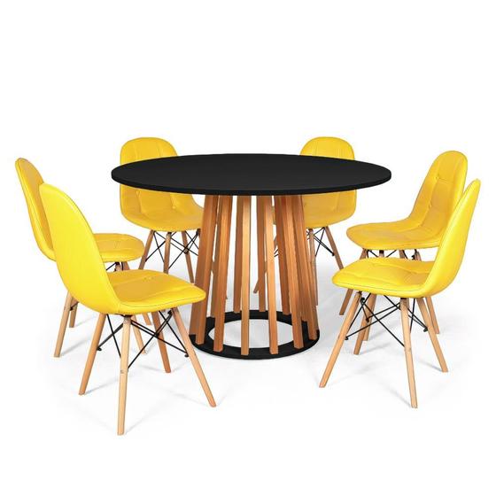 Imagem de Conjunto Mesa de Jantar Talia Amadeirada Preta 120cm com 6 Cadeiras Eiffel Botonê - Amarelo