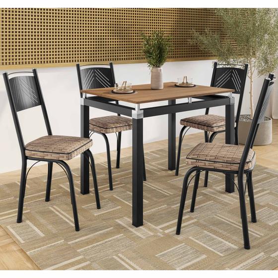 Imagem de Conjunto Mesa de Jantar Tubular com 4 Cadeiras Malva Tampo BP 91x68cm 151 Preto Fosco Assento Rattan - Combo Stock