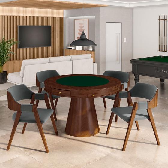 Imagem de Conjunto Mesa de Jogos Carteado Bellagio Tampo Reversível e 4 Cadeiras Madeira Poker Base Cone Veludo Cinza/Imbuia G42 - Gran Belo