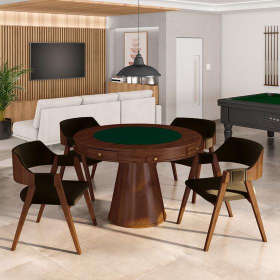 Imagem de Conjunto Mesa de Jogos Carteado Bellagio Tampo Reversível e 4 Cadeiras Madeira Poker Base Cone Veludo Marrom/Imbuia G42 - Gran Belo