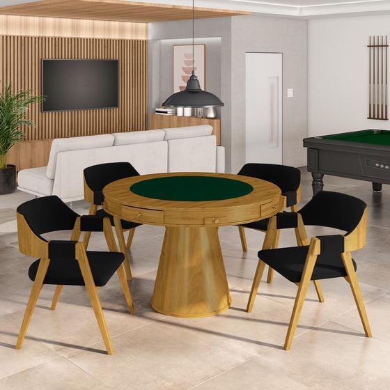 Imagem de Conjunto Mesa de Jogos Carteado Bellagio Tampo Reversível e 4 Cadeiras Madeira Poker Base Cone Veludo Preto/Mel G42 - Gran Belo